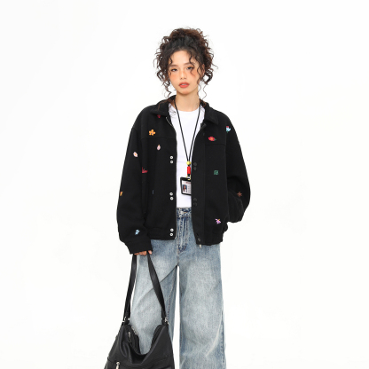 秋冬新款美式復古刺繡小標夾克外套女百搭翻領上衣