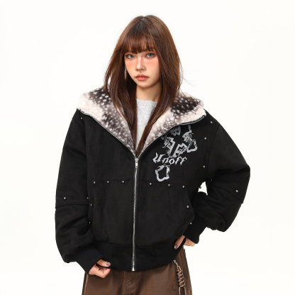 貓耳朵毛絨連帽外套女冬季新款鉚釘設計感加厚棉服棉衣