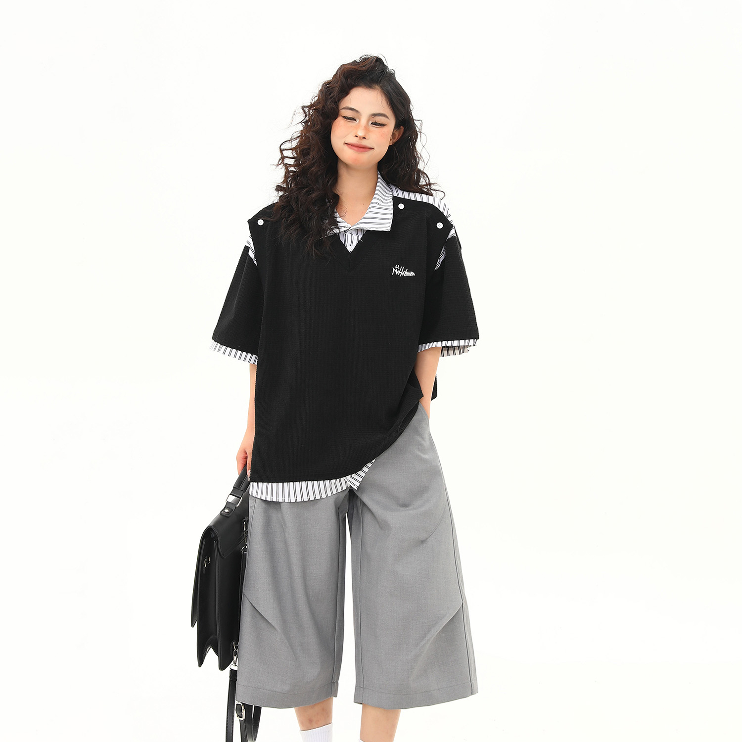 夏季新款美式復古假兩件高級感短袖T恤女學院風寬鬆上衣
