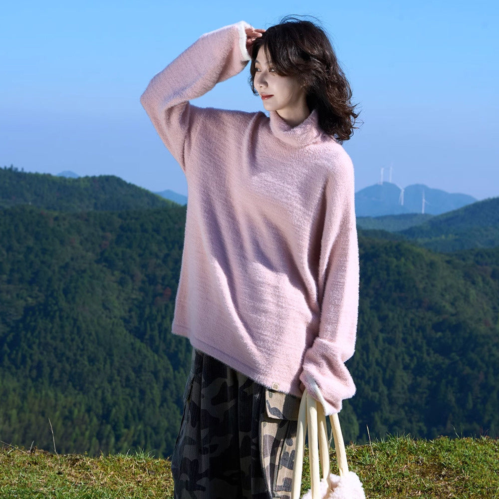 秋冬日系寬鬆多色高領仿貂毛打底疊穿毛衣