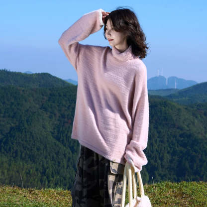 秋冬日系寬鬆多色高領仿貂毛打底疊穿毛衣