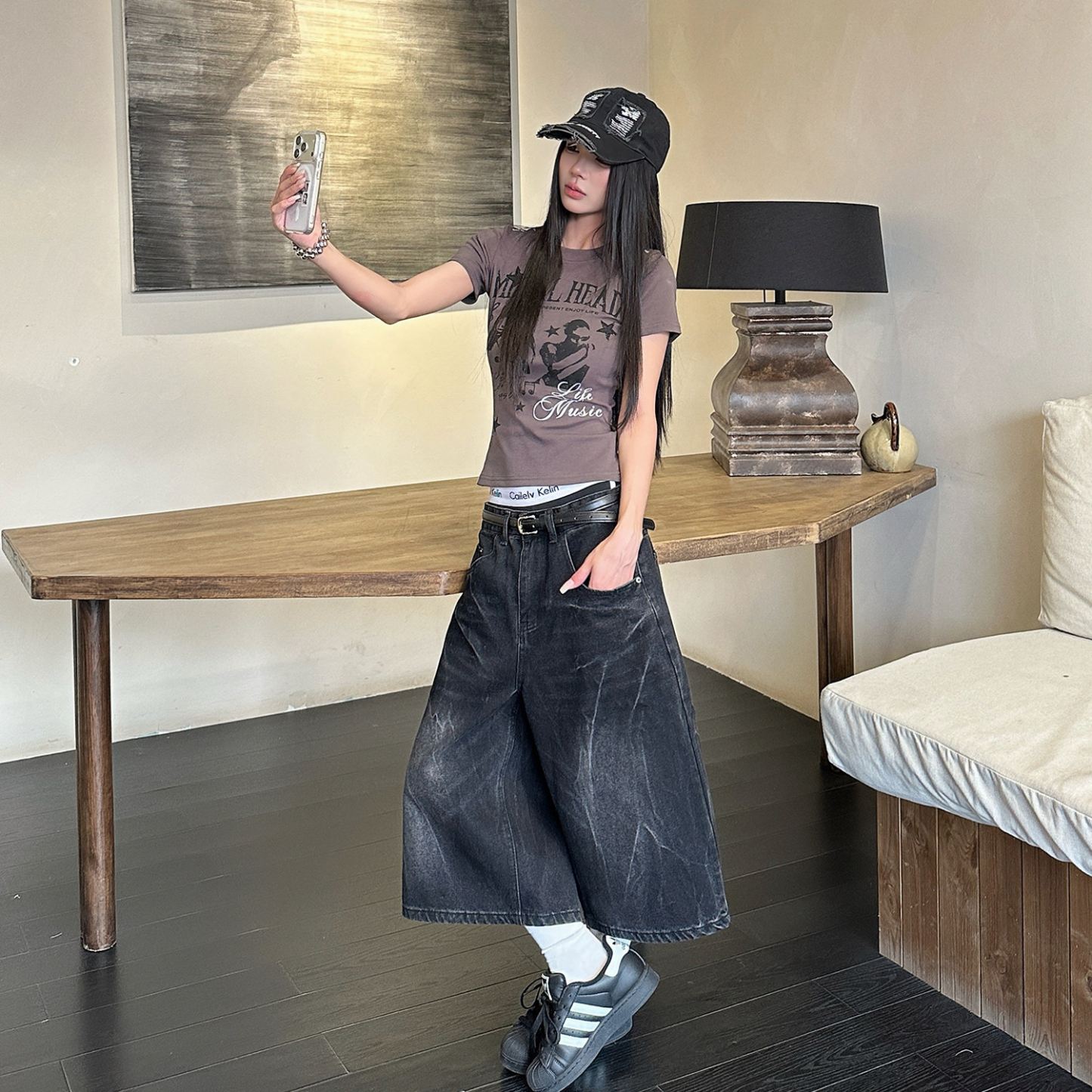 美式復古水洗閃電紋寬鬆七分牛仔褲女街頭潮流寬鬆短褲子