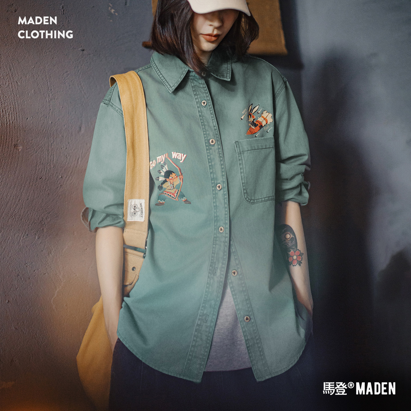 純棉復古水洗日系刺繡印花寬鬆長袖襯衣衫外套硬挺上衣女士秋