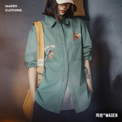 純棉復古水洗日系刺繡印花寬鬆長袖襯衣衫外套硬挺上衣女士秋