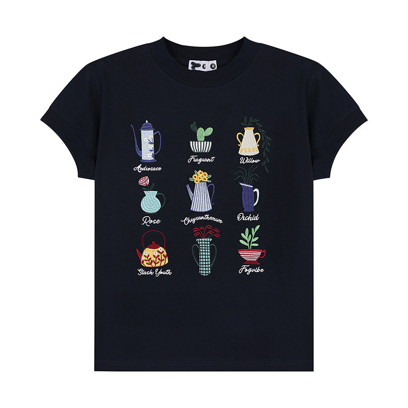 美式復古盆栽刺繡設計感正肩短袖T恤女短寬版小飛袖上衣