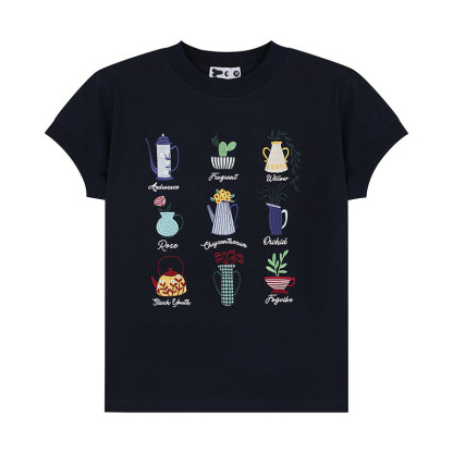 美式復古盆栽刺繡設計感正肩短袖T恤女短寬版小飛袖上衣