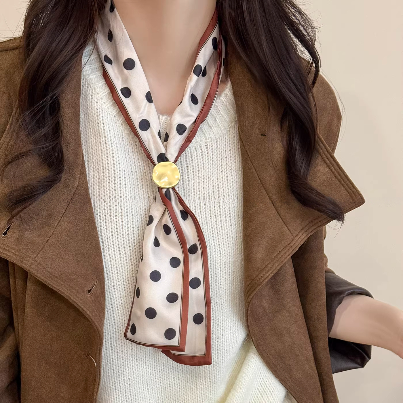 法式復古抽拉系脖絲巾項鍊女春季新款波點領巾長條毛衣鏈圍巾配飾