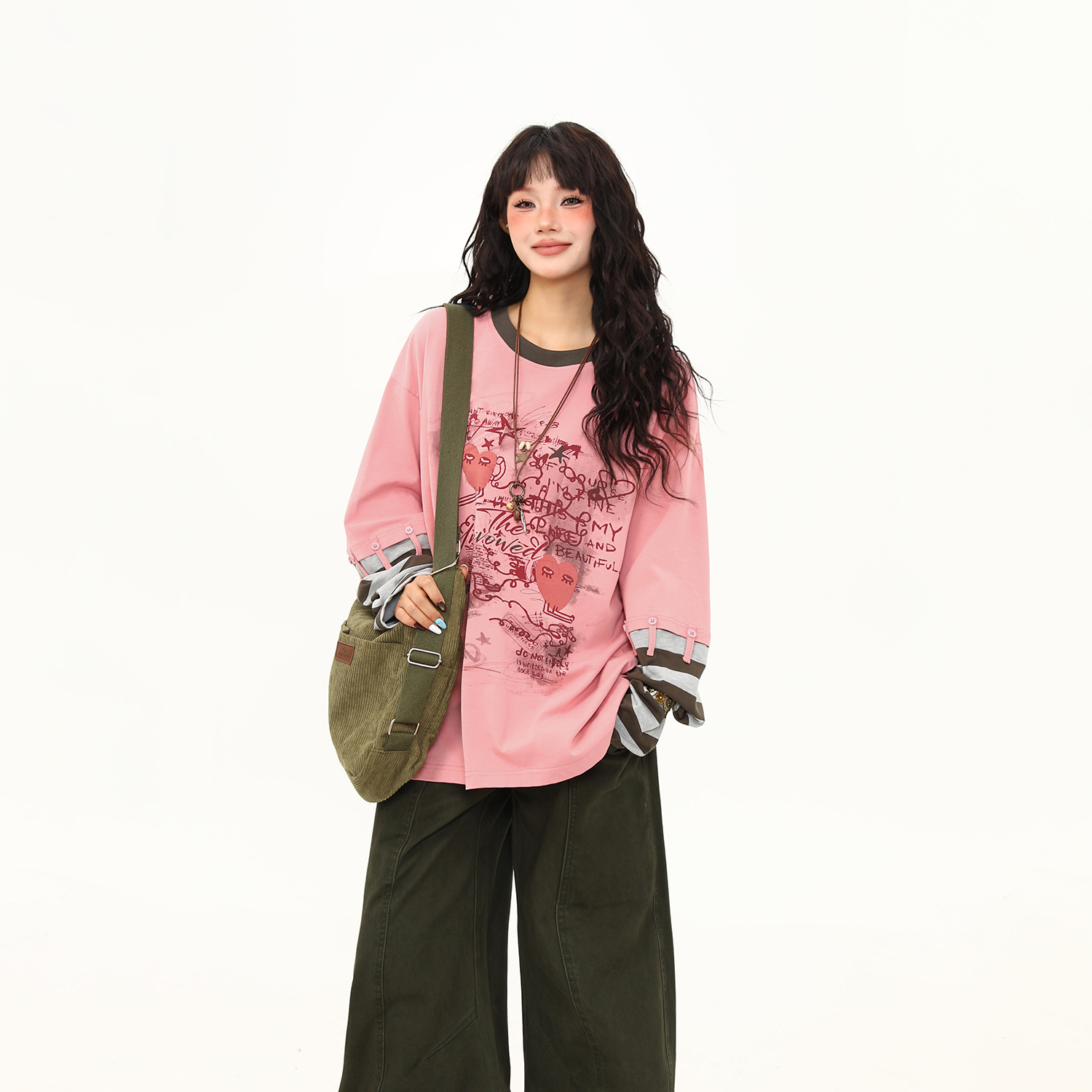 美式復古設計感拼接袖子假兩件長袖T恤女秋冬百搭打底衫