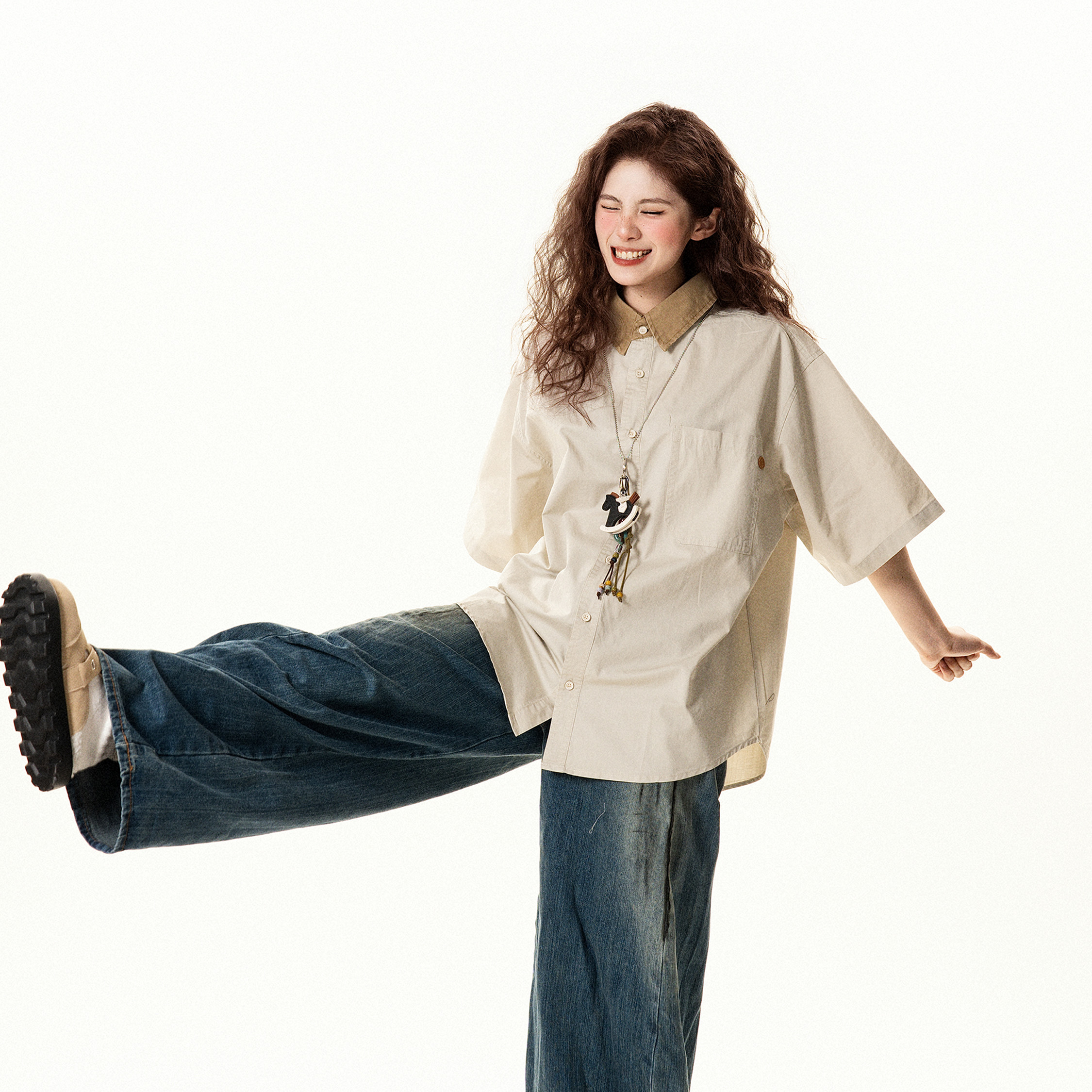 美式復古寬鬆撞色翻領短袖襯衫女夏季設計感休閒百搭襯衣