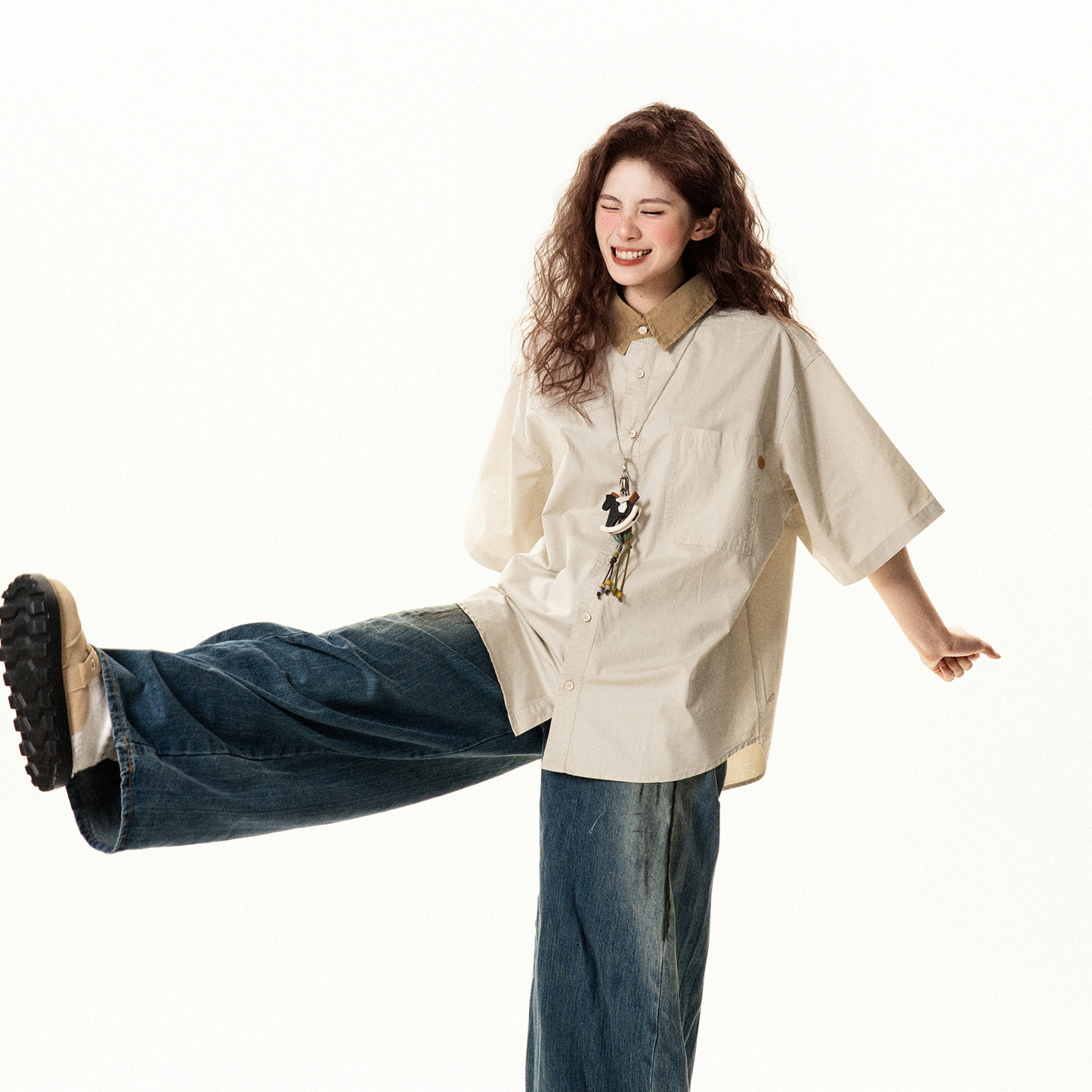 美式復古寬鬆撞色翻領短袖襯衫女夏季設計感休閒百搭襯衣