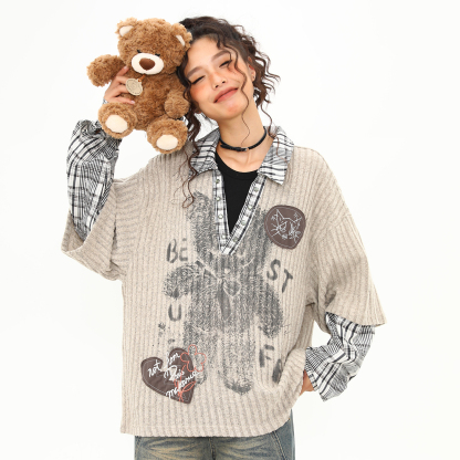 美式復古小熊圖案V領長袖T恤女秋季假兩件翻領設計感上衣