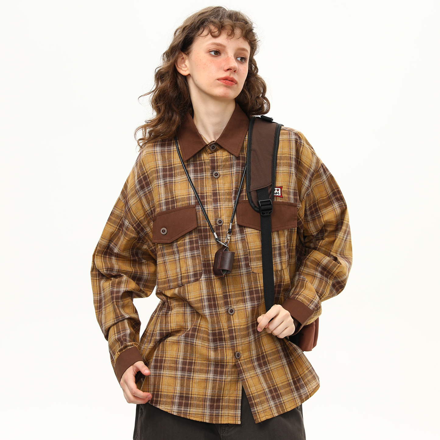 早秋新款美式復古長袖格子襯衫女拼接設計感潮流外穿襯衣