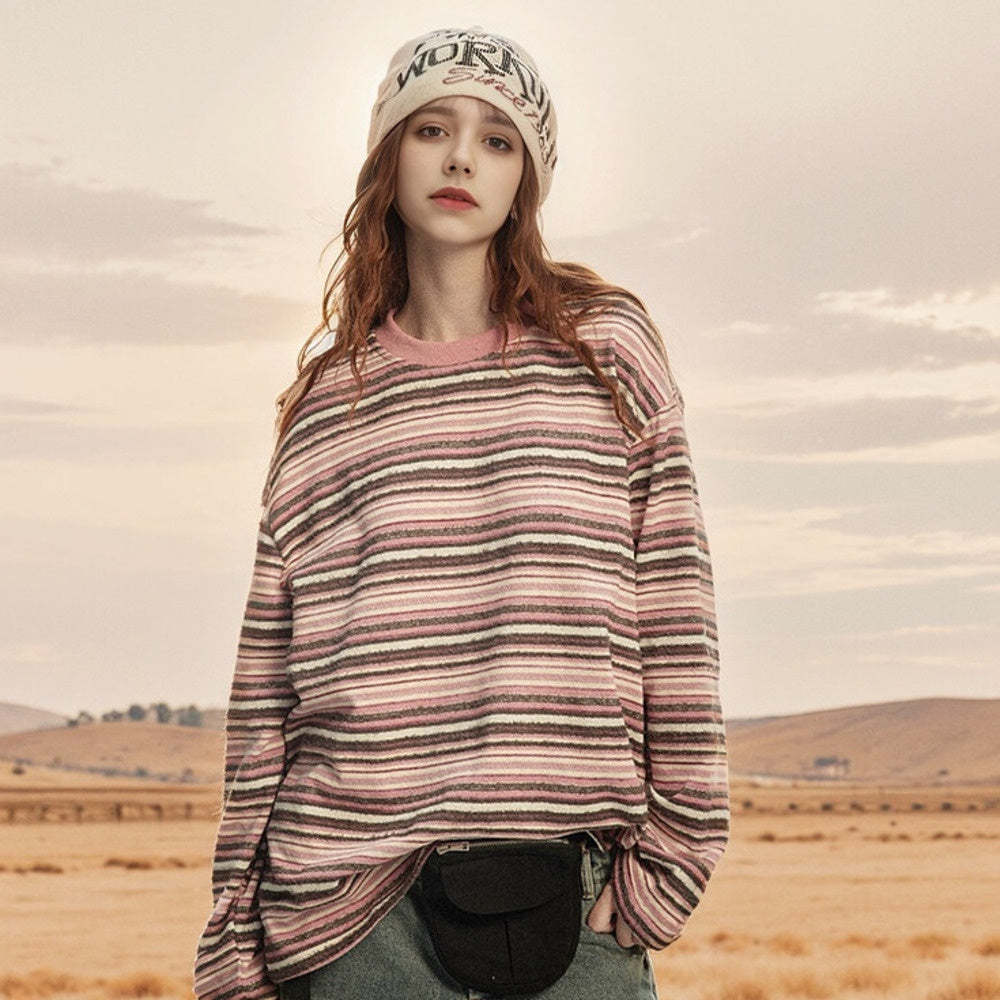 街頭潮牌復古拼接條紋長袖t恤女春秋新款美式寬鬆套頭上衣