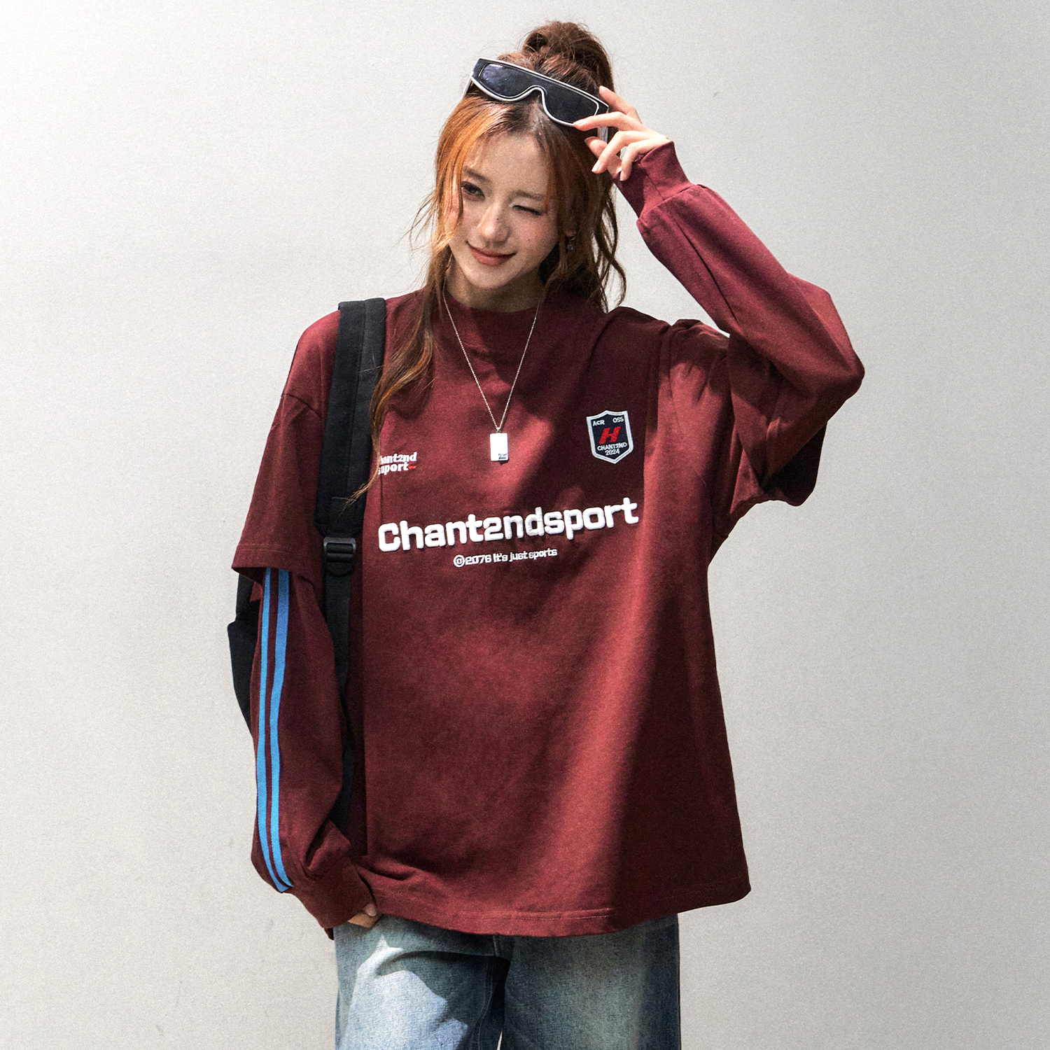 假兩件長袖t恤女早秋美式慵懶chic上衣寬鬆純棉球衣T恤