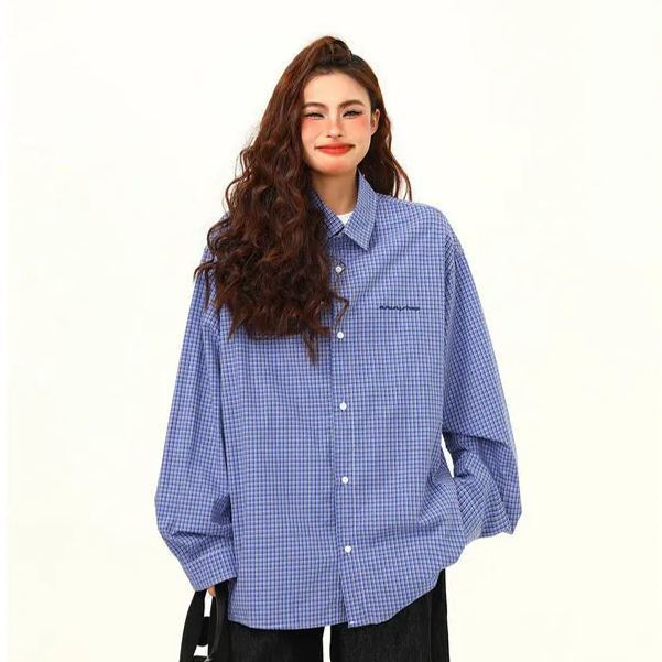 文藝感藍色格子襯衫秋季新品高級感復古百搭外穿襯衣