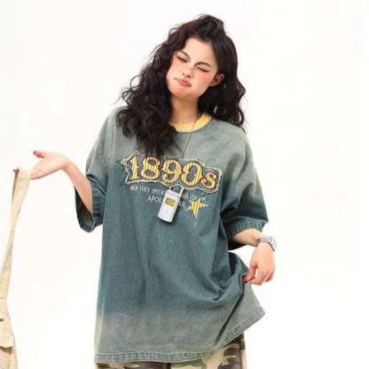 新款美式復古水洗牛仔短袖T恤女刺繡字母潮牌tee