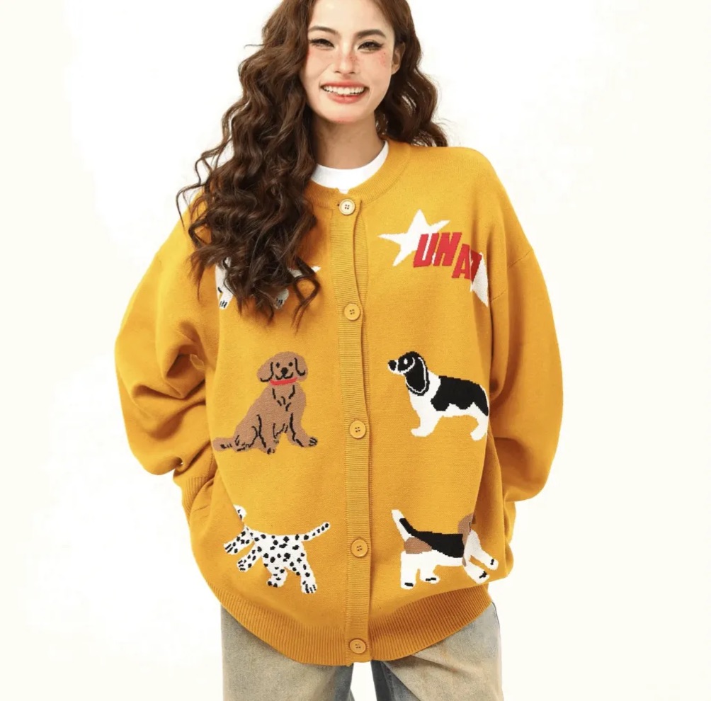 美式復古卡通小狗刺繡針織開衫毛衣女秋季新款慵懶風上衣