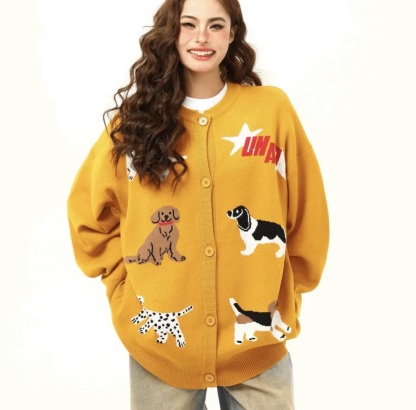美式復古卡通小狗刺繡針織開衫毛衣女秋季新款慵懶風上衣