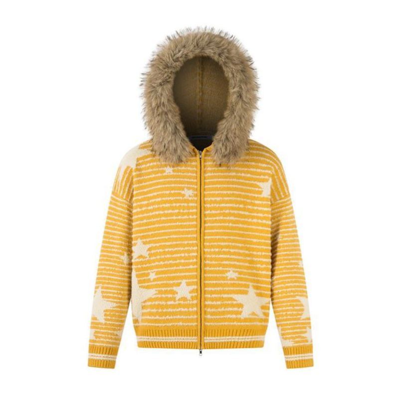 美式復古條紋星星毛領加厚連帽毛衣女秋冬開衫外套保暖