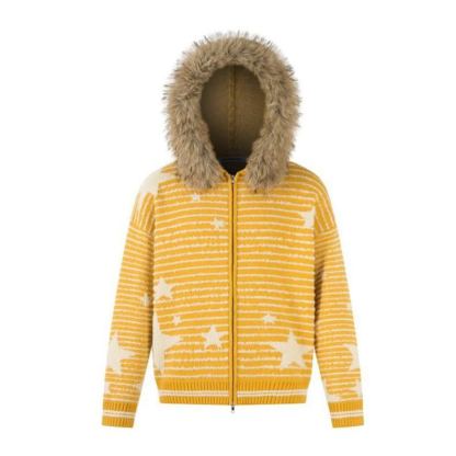 美式復古條紋星星毛領加厚連帽毛衣女秋冬開衫外套保暖