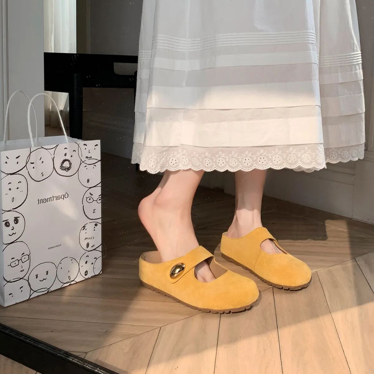 小金豆圓頭軟萌增高厚底瑪麗珍勃肯半拖鞋女夏季