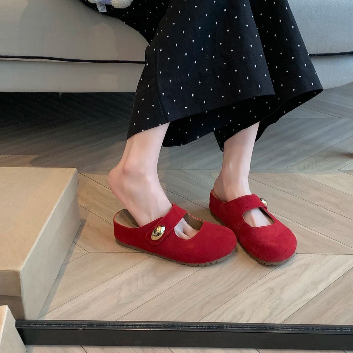 小金豆圓頭軟萌增高厚底瑪麗珍勃肯半拖鞋女夏季