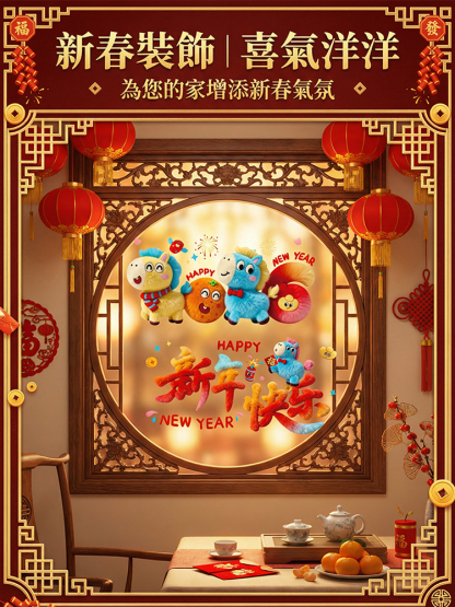 2026年新年玻璃貼紙卡通毛絨可愛門窗貼