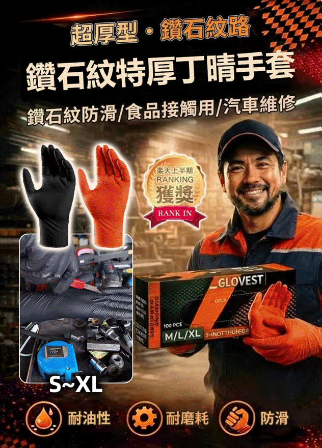 【專業防滑防割防穿刺】鑽石紋特厚丁晴手套