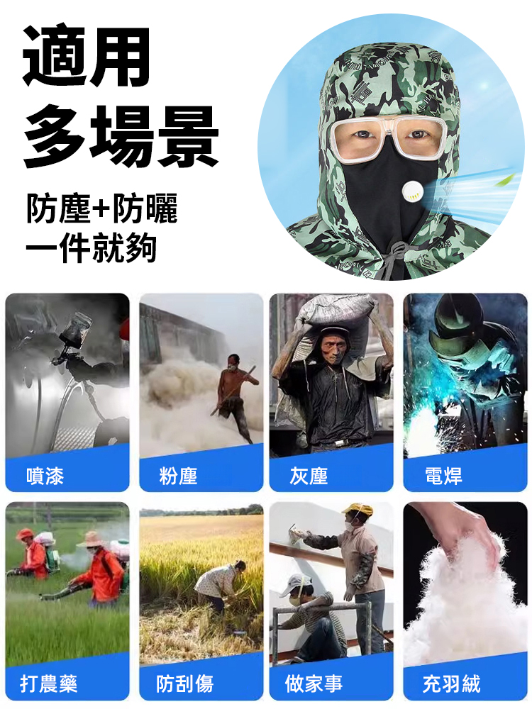 防塵耐磨透氣面罩披風帽，防塵防土，不管是戶外工作還是田園務農，必備