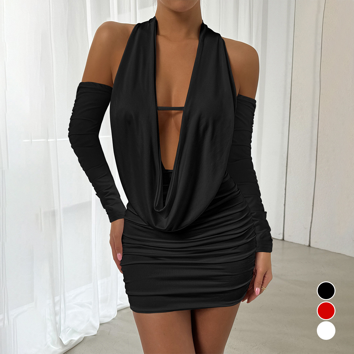 Backless Halter Bodycon Mini Dress Sexy Ruched V Neck Long Sleeve Club Dress for Women