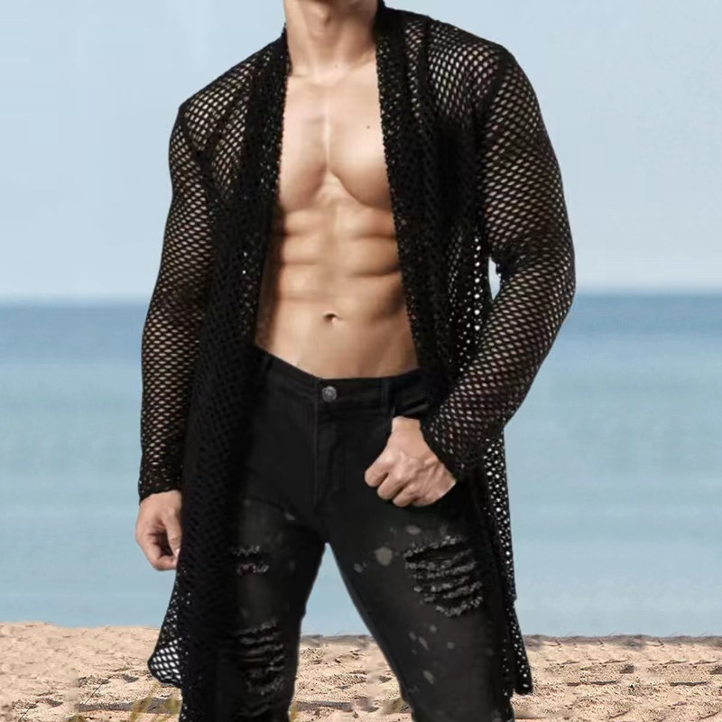 Men’s Sexy Sheer Mesh Cardigan Long Sleeve Hollow Out See-Through Shirt Stand Collar Lightweight Casual Top Sizes S-3XL