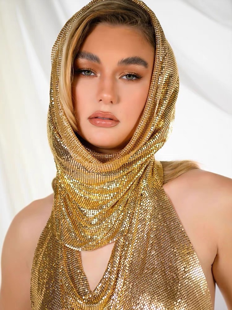 Sequin Headscarf Set Metallic Windproof Festival Scarf for Women, Y2K Glam Outfit Accessory, Burning Man & Rave Wear