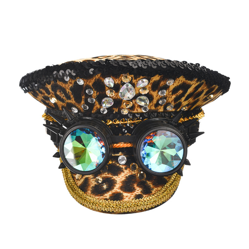 Sequin Leopard Burning Man Hat Handmade Rhinestone Canvas Visor Cap for Festivals, Raves & Stage Performances