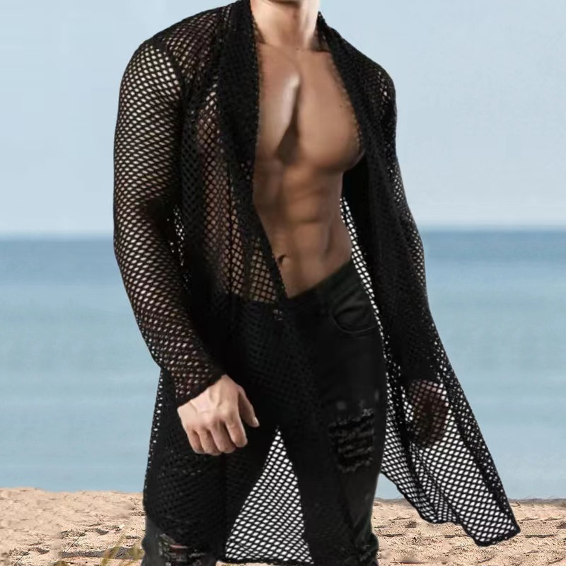 Men’s Sexy Sheer Mesh Cardigan Long Sleeve Hollow Out See-Through Shirt Stand Collar Lightweight Casual Top Sizes S-3XL