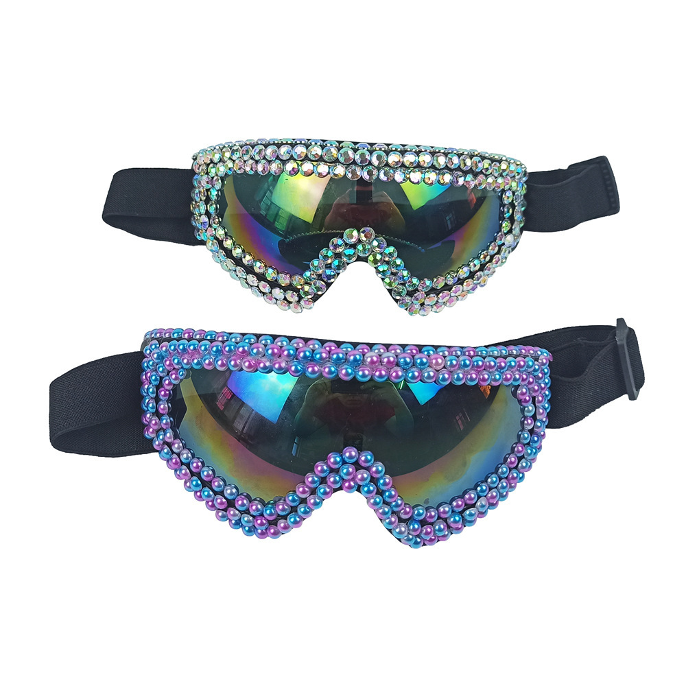 Pearl & Rhinestone Goggles Burning Man Festival Eyewear, Rave Accessories, Iridescent Lens Steampunk Glasses