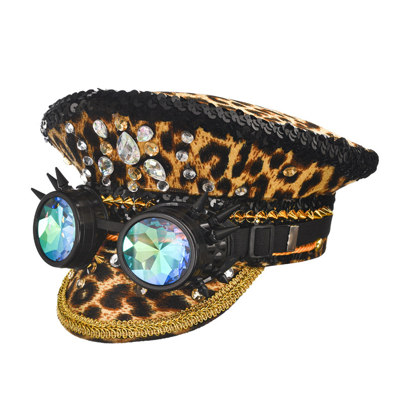 Sequin Leopard Burning Man Hat Handmade Rhinestone Canvas Visor Cap for Festivals, Raves & Stage Performances