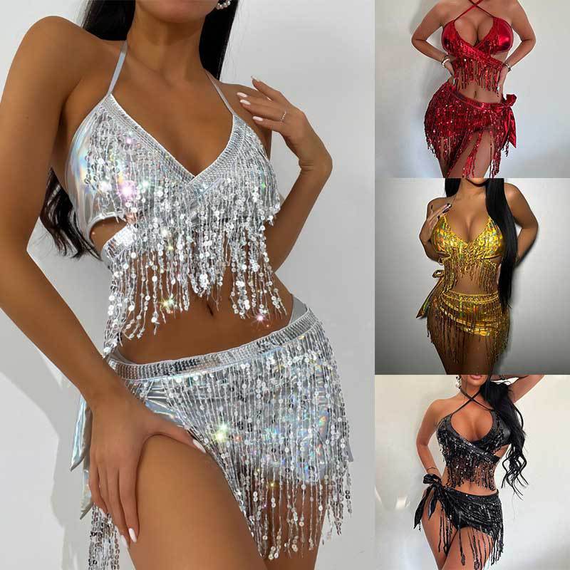 3-Piece Sequin Fringe Bikini Set Burning Man Festival Swimwear for Women, Glitter Halter Top High-Cut Bottom Sheer Cover-Up (S–L, Iridescent White / Gold / Black / Red)