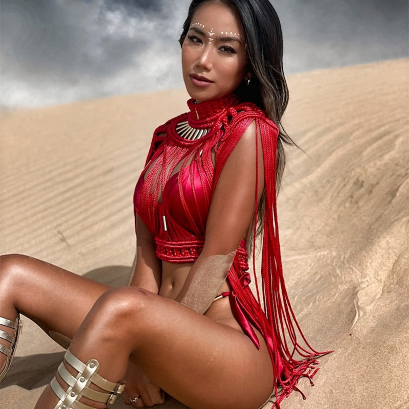 Handwoven Fringe Red Skirt Set for Burning Man Boho Macrame Two-Piece Festival Outfit, Artisan Rope Knit Long Tassel Dress Adjustable One Size for Her