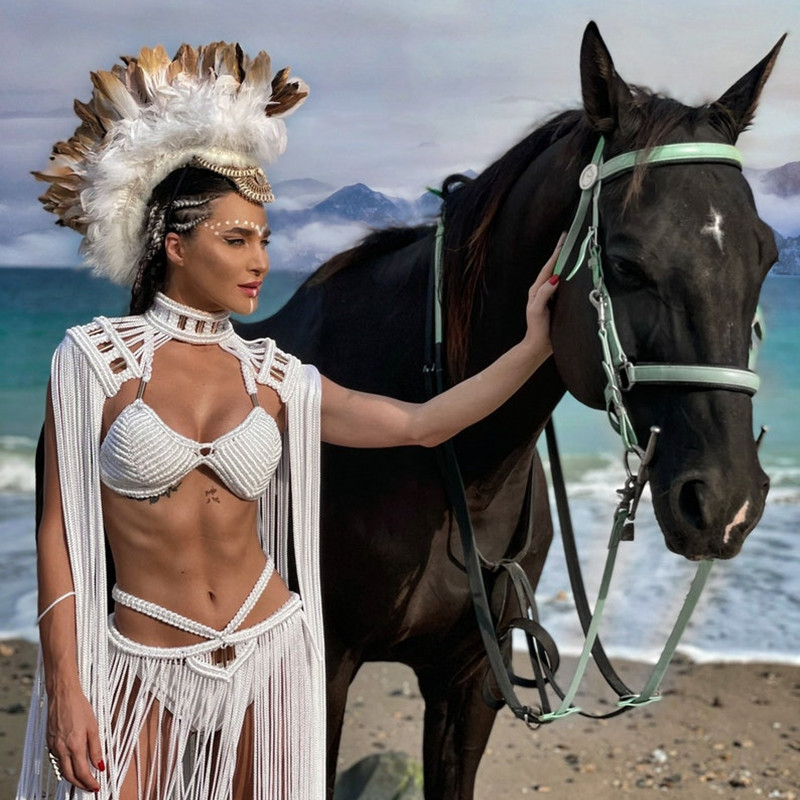 Handwoven Fringe White Skirt Set for Burning Man Boho Macrame Two-Piece Festival Outfit, Artisan Rope Knit Long Tassel Dress (Adjustable One Size) for Her