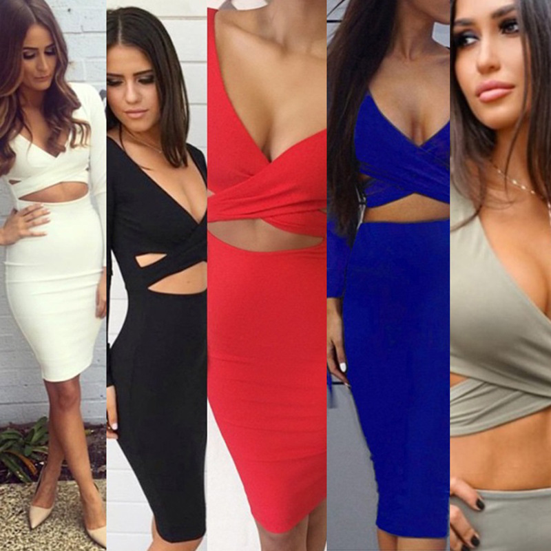 2025 Cutout Bodycon Club Midi Dress Sizes S-L Long Sleeve Sexy Slim Fit Night Out Look
