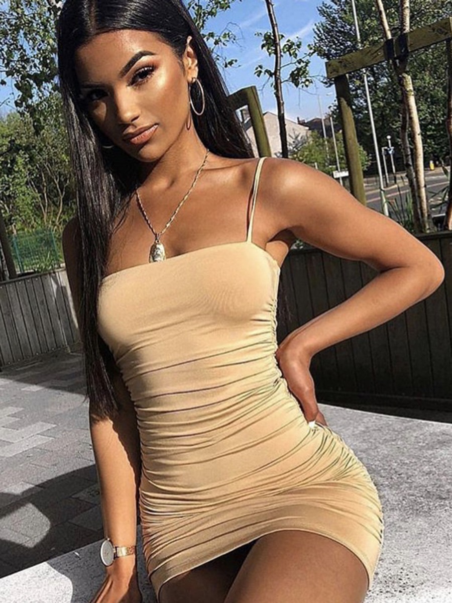 2025 Summer Spaghetti Strap Bodycon Dress – Elegant Ruched Club Mini Dress
