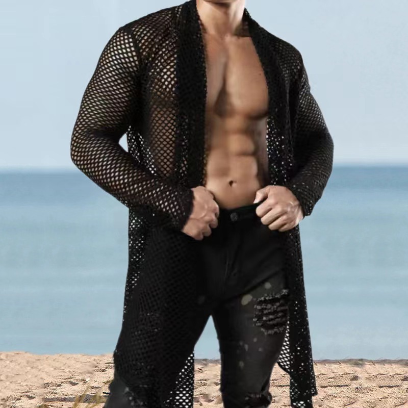 Men’s Sexy Sheer Mesh Cardigan Long Sleeve Hollow Out See-Through Shirt Stand Collar Lightweight Casual Top Sizes S-3XL