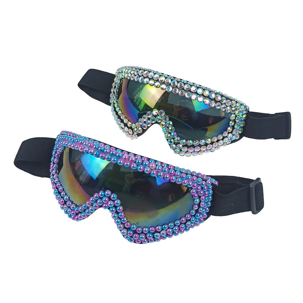 Pearl & Rhinestone Goggles Burning Man Festival Eyewear, Rave Accessories, Iridescent Lens Steampunk Glasses