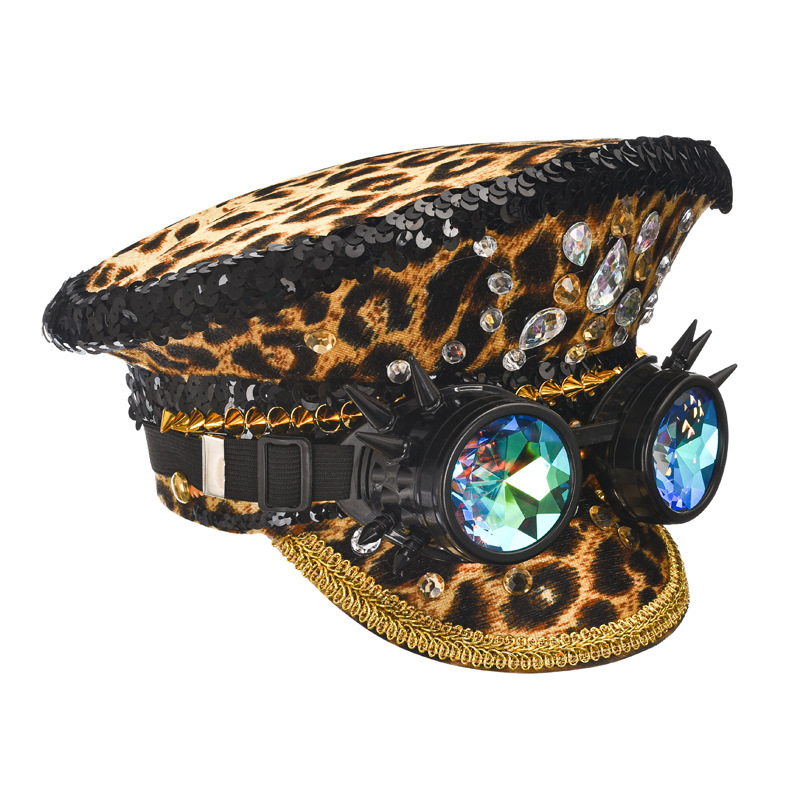 Sequin Leopard Burning Man Hat Handmade Rhinestone Canvas Visor Cap for Festivals, Raves & Stage Performances