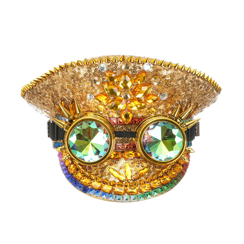 Sequin Festival Captain Hat Handmade Rhinestone Visor Cap for Burning Man, Bachelorette Parties, and Stage Performances (Gold / Silver / White)
