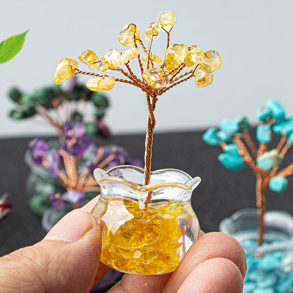 Natural Crystal Tree Ornament Handmade Gemstone Wealth Tree Turn Bad Luck into Good Luck Tree with Citrine, Rose Quartz, Amethyst & More Feng Shui Decor for Luck, Love, and Energy Balance