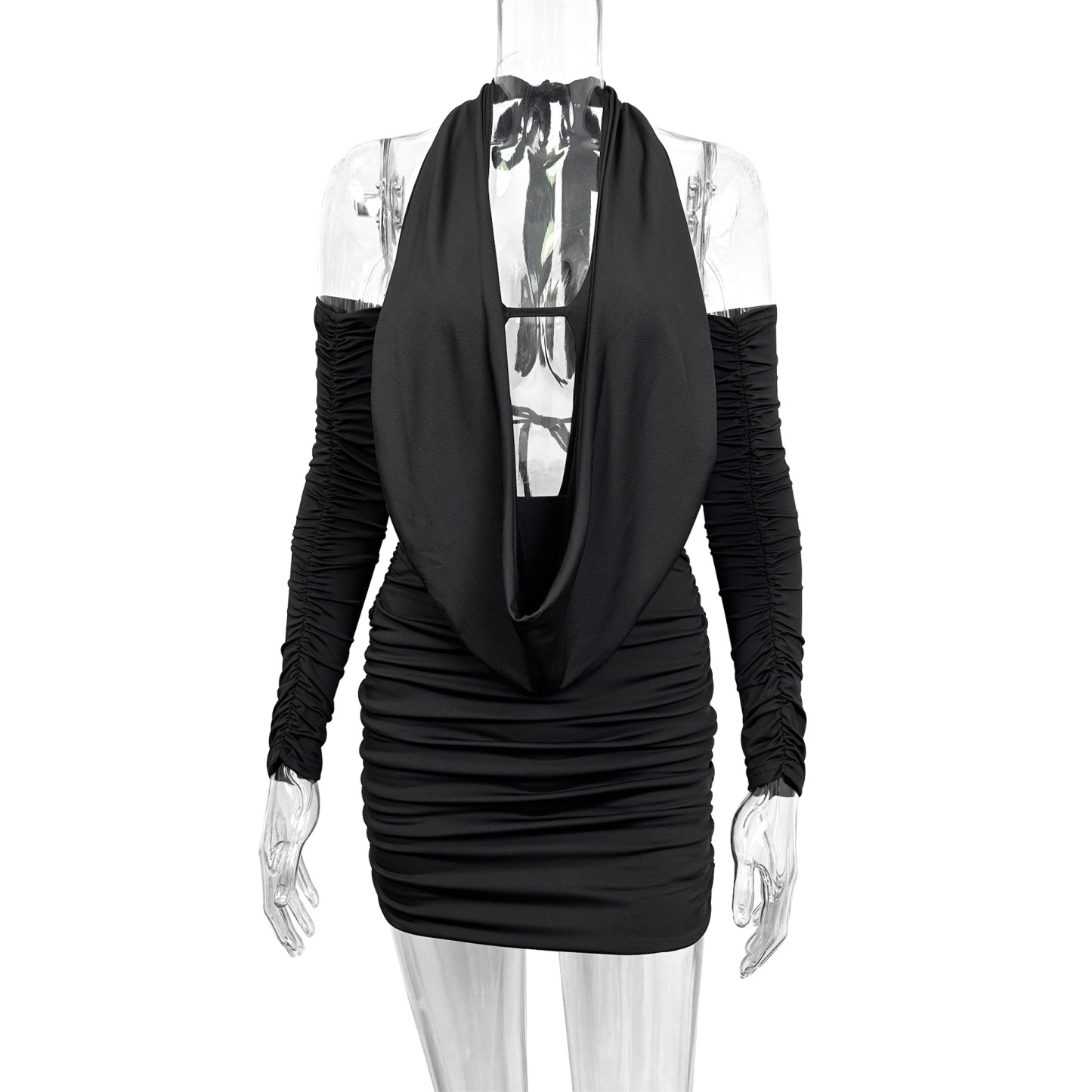 Backless Halter Bodycon Mini Dress Sexy Ruched V Neck Long Sleeve Club Dress for Women