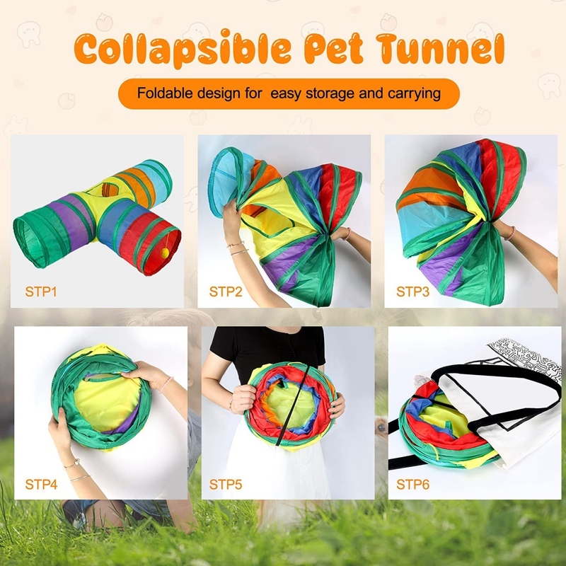 Rainbow Cat Tunnel Toy for Indoor Running Fun for Cats Foldable Play Tube with Peek Hole & Hanging Ball for Kittens, Puppies, and Rabbits