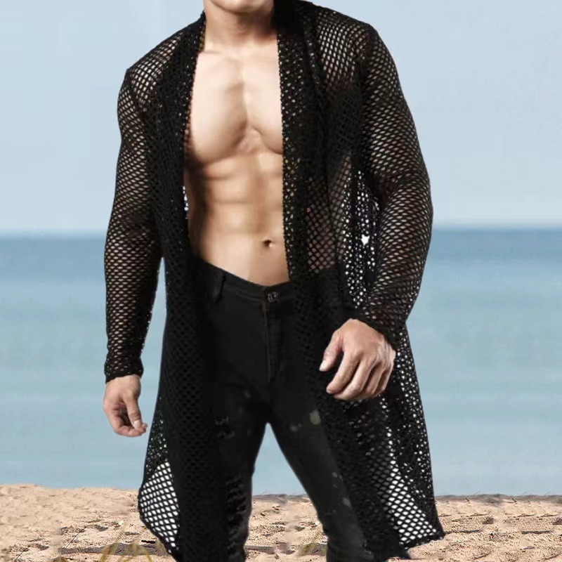 Men’s Sexy Sheer Mesh Cardigan Long Sleeve Hollow Out See-Through Shirt Stand Collar Lightweight Casual Top Sizes S-3XL