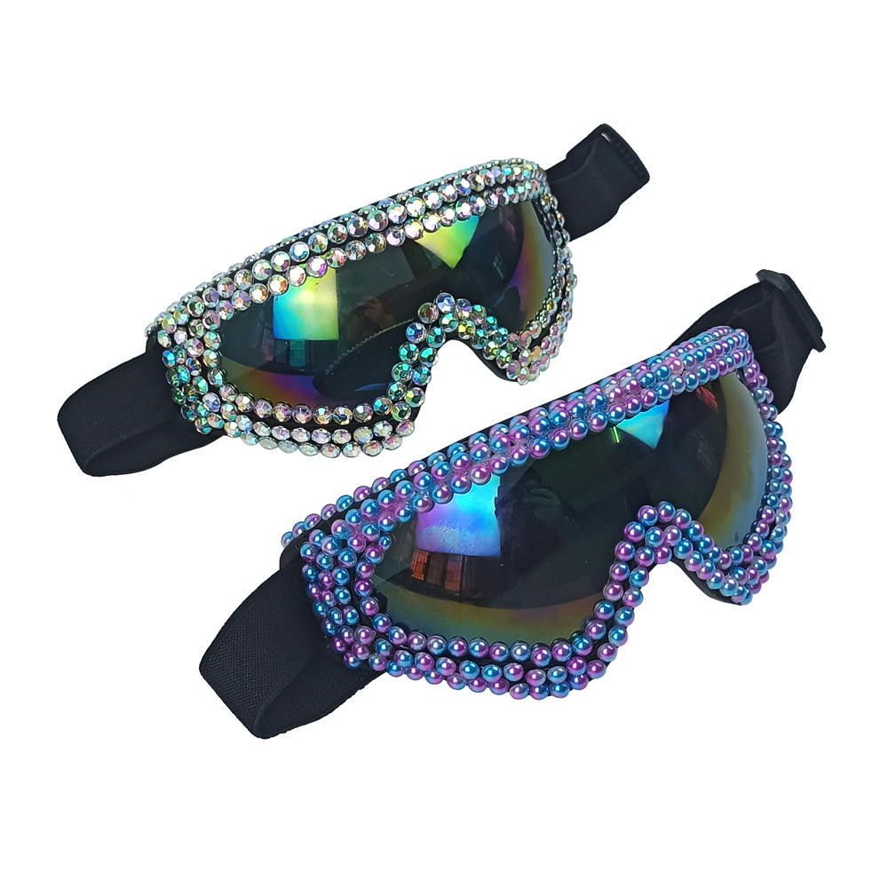 Pearl & Rhinestone Goggles Burning Man Festival Eyewear, Rave Accessories, Iridescent Lens Steampunk Glasses